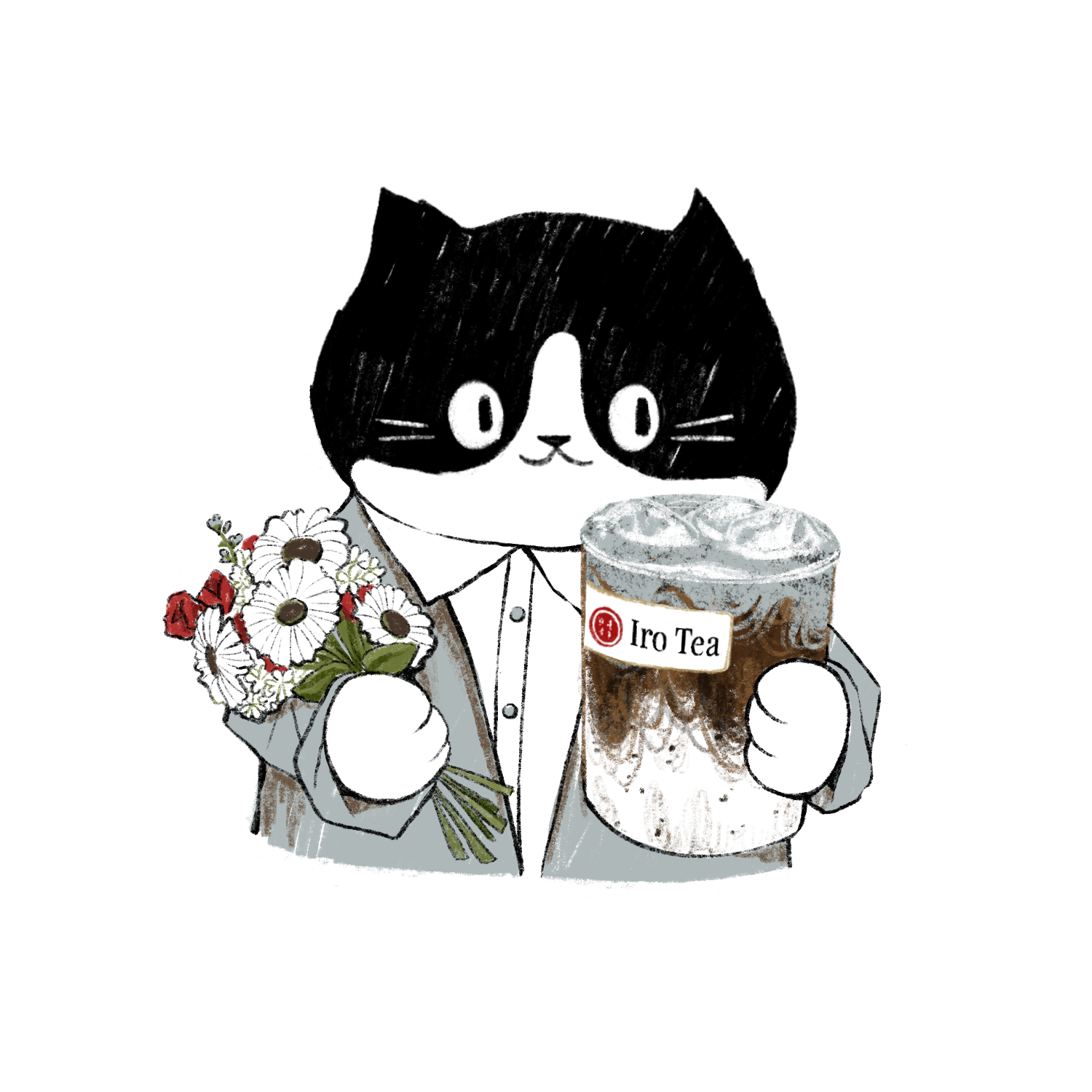 Cat offering a bouquet and a hojicha sesame cloud latte — Iro Tea sticker art